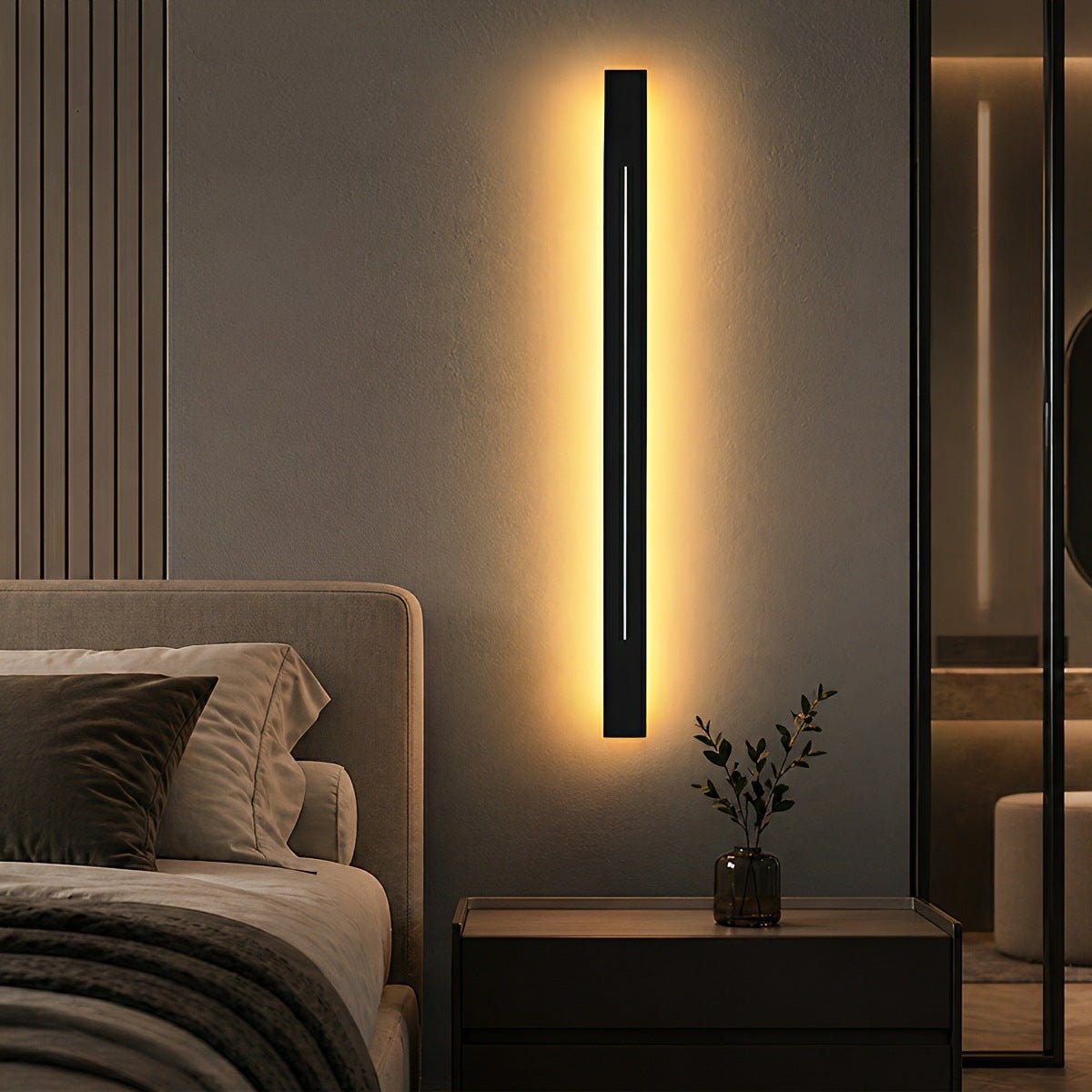 Applique murale élégante à bande LED en fer et acrylique, dimmable, 60-120 cm, pour miroir, salon ou salle de bains, noir et doré, moderne et chaleureuse | Sansoti