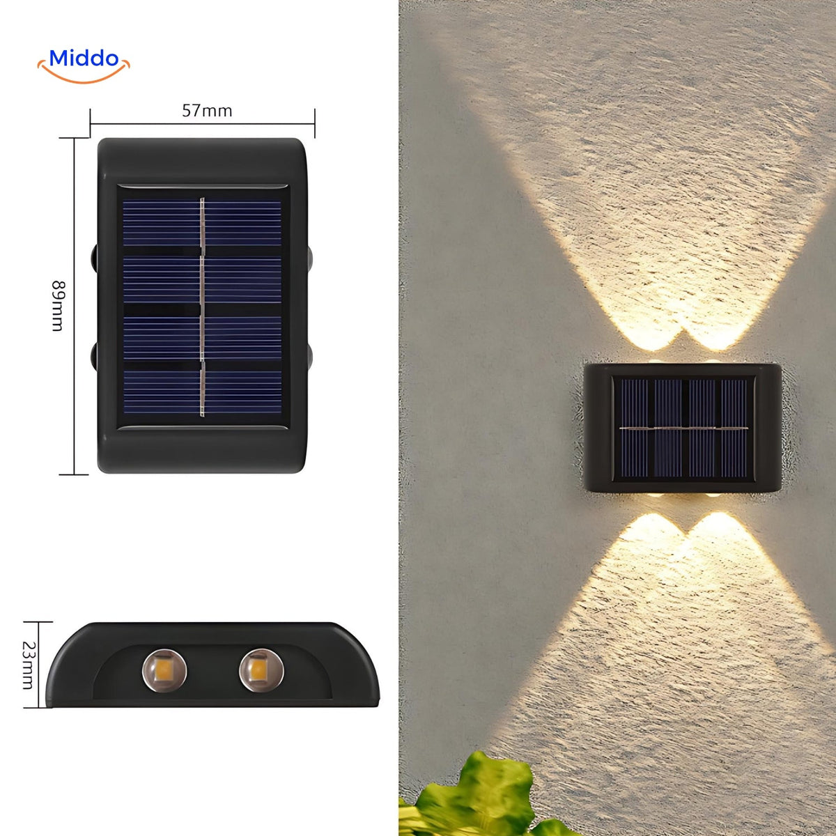 Solar-Wandleuchte mit zwei LEDs, wasserdichte Außenbeleuchtung, Gartenlampe, dekorative, wetterfeste Stimmungsbeleuchtung | Sansoti