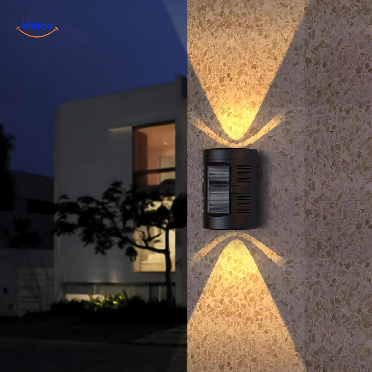 Solar-Wandleuchte mit zwei LEDs, wasserdichte Außenbeleuchtung, Gartenlampe, dekorative, wetterfeste Stimmungsbeleuchtung | Sansoti