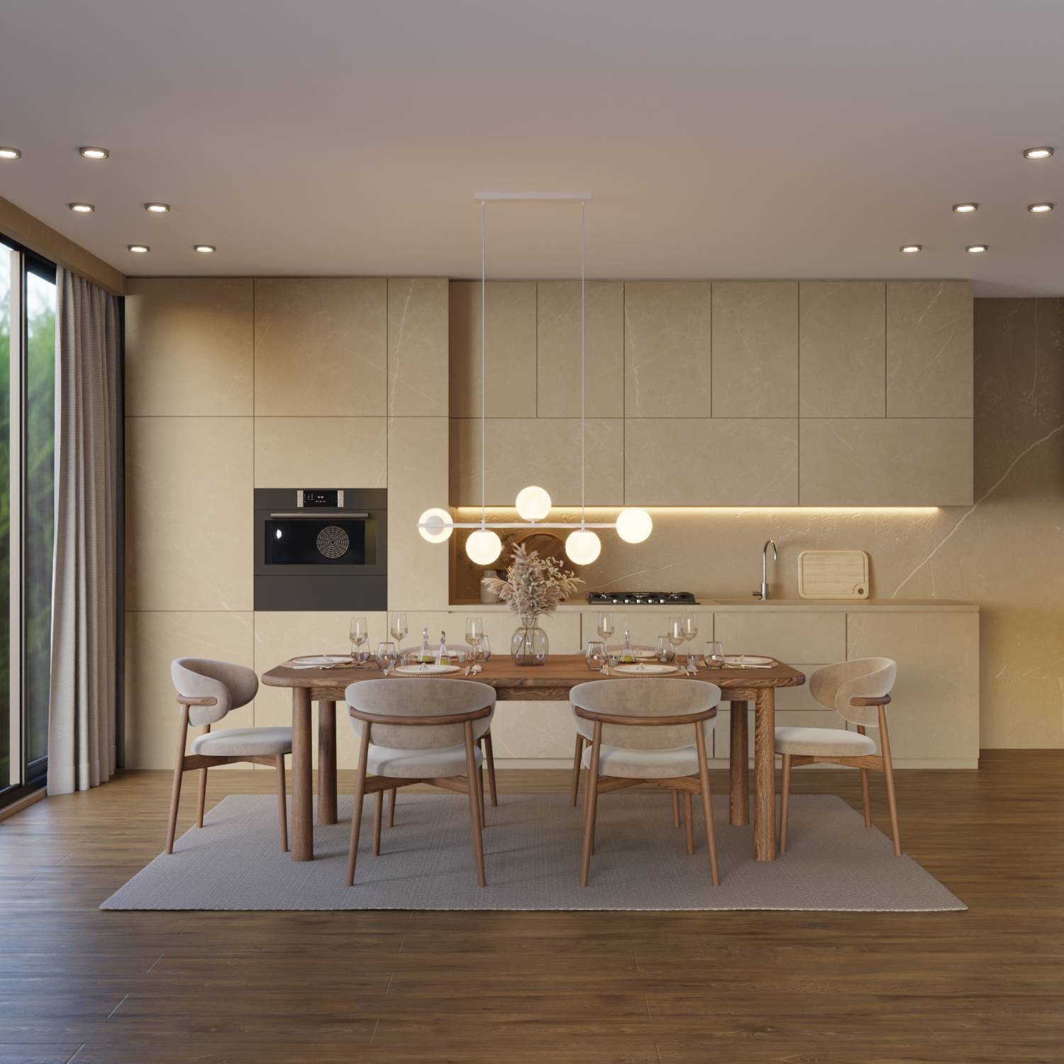 Suspension design moderne avec 5 globes en verre opalin au-dessus de la table à manger – Eloria