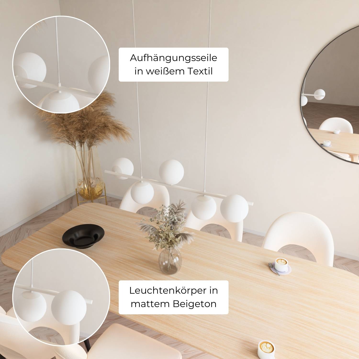 Suspension design moderne avec 5 globes en verre opalin au-dessus de la table à manger – Eloria