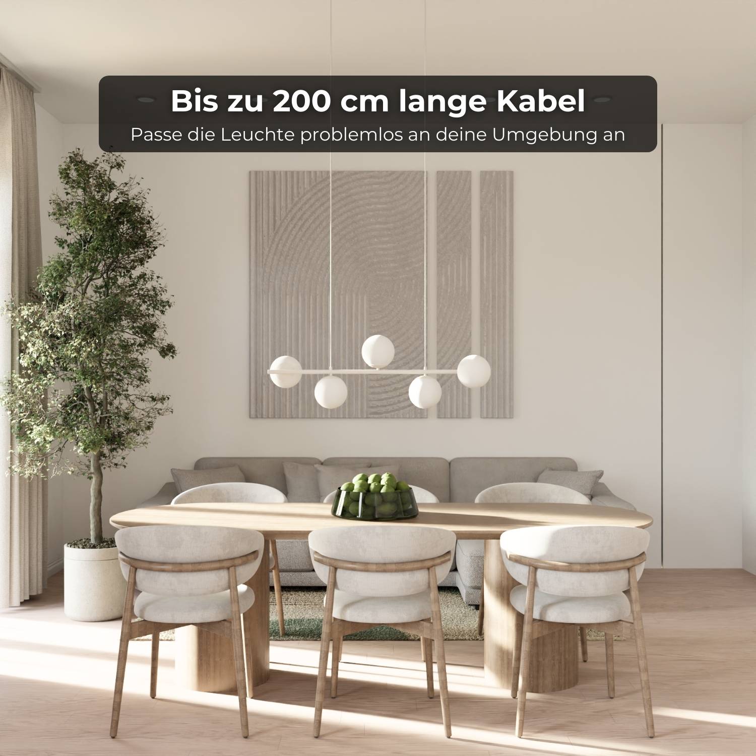 Suspension design moderne avec 5 globes en verre opalin au-dessus de la table à manger – Eloria