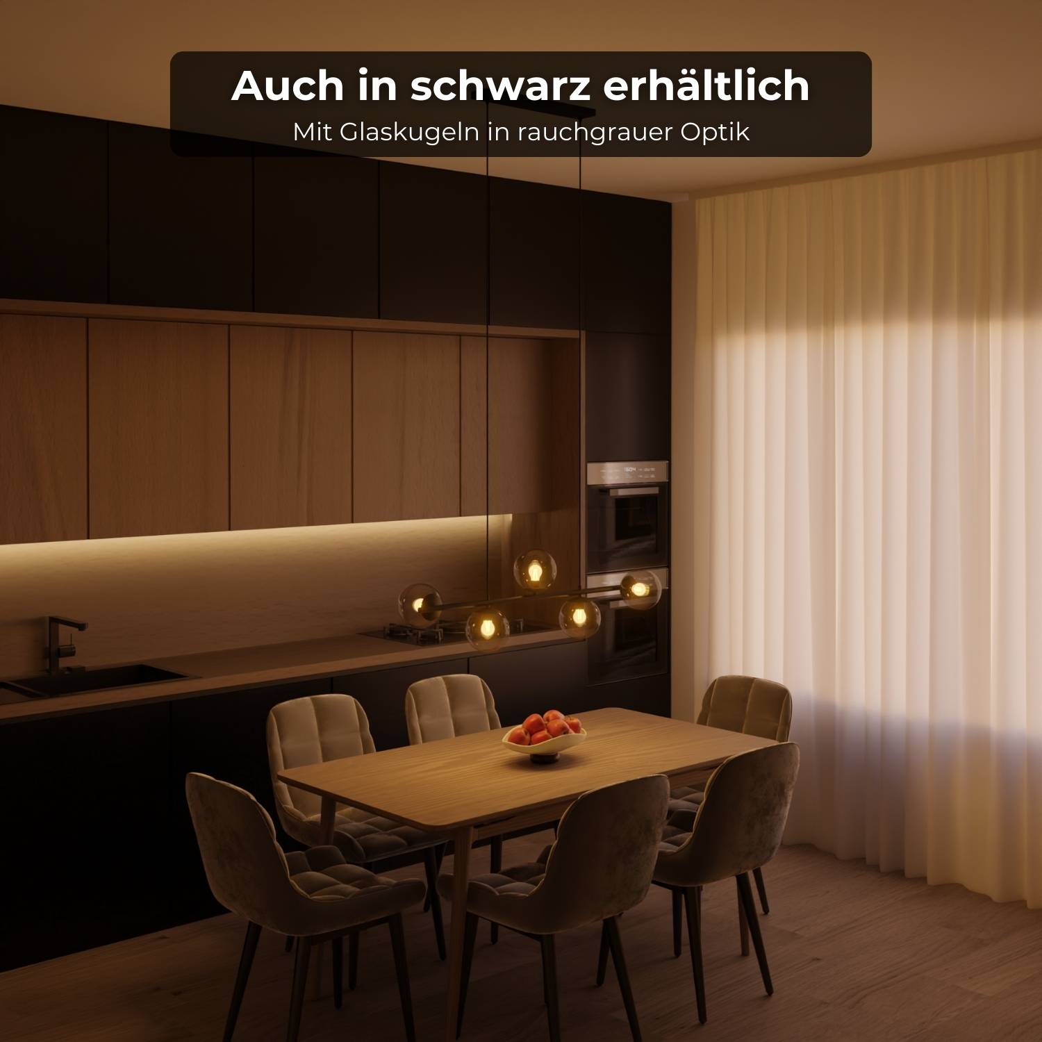 Suspension design moderne avec 5 globes en verre opalin au-dessus de la table à manger – Eloria