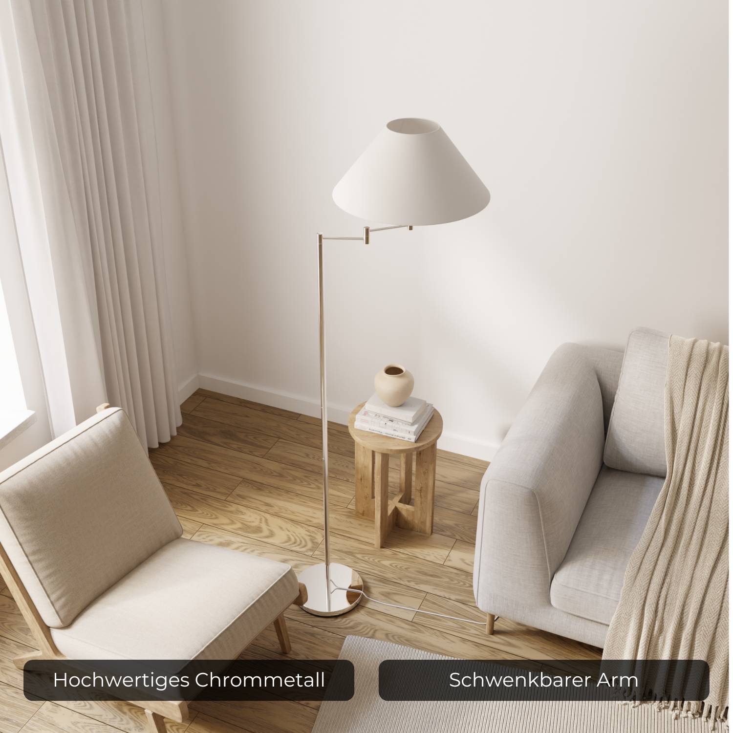 Lampadaire chromé élégant avec bras réglable et fonction lecture | Restfield