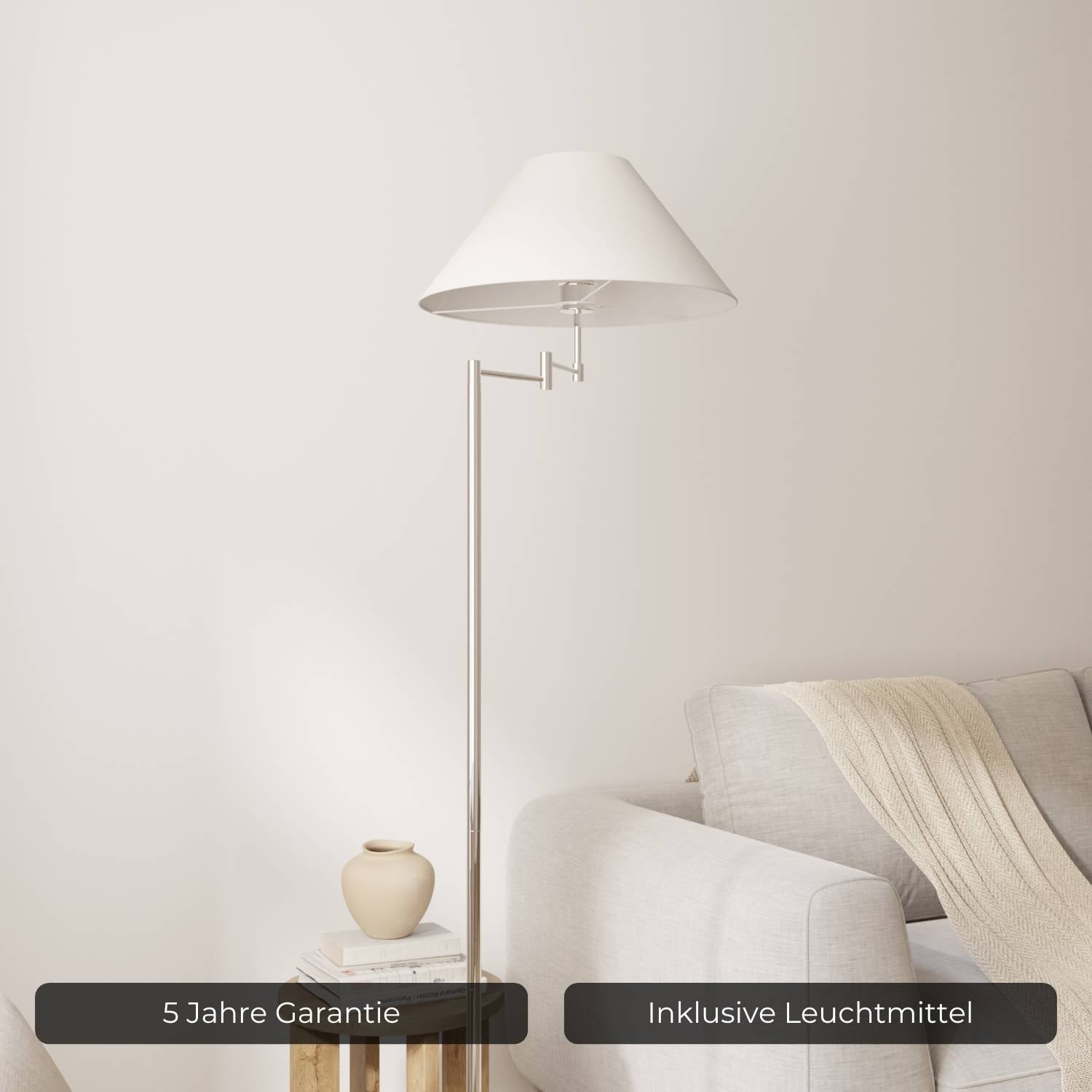Lampadaire chromé élégant avec bras réglable et fonction lecture | Restfield