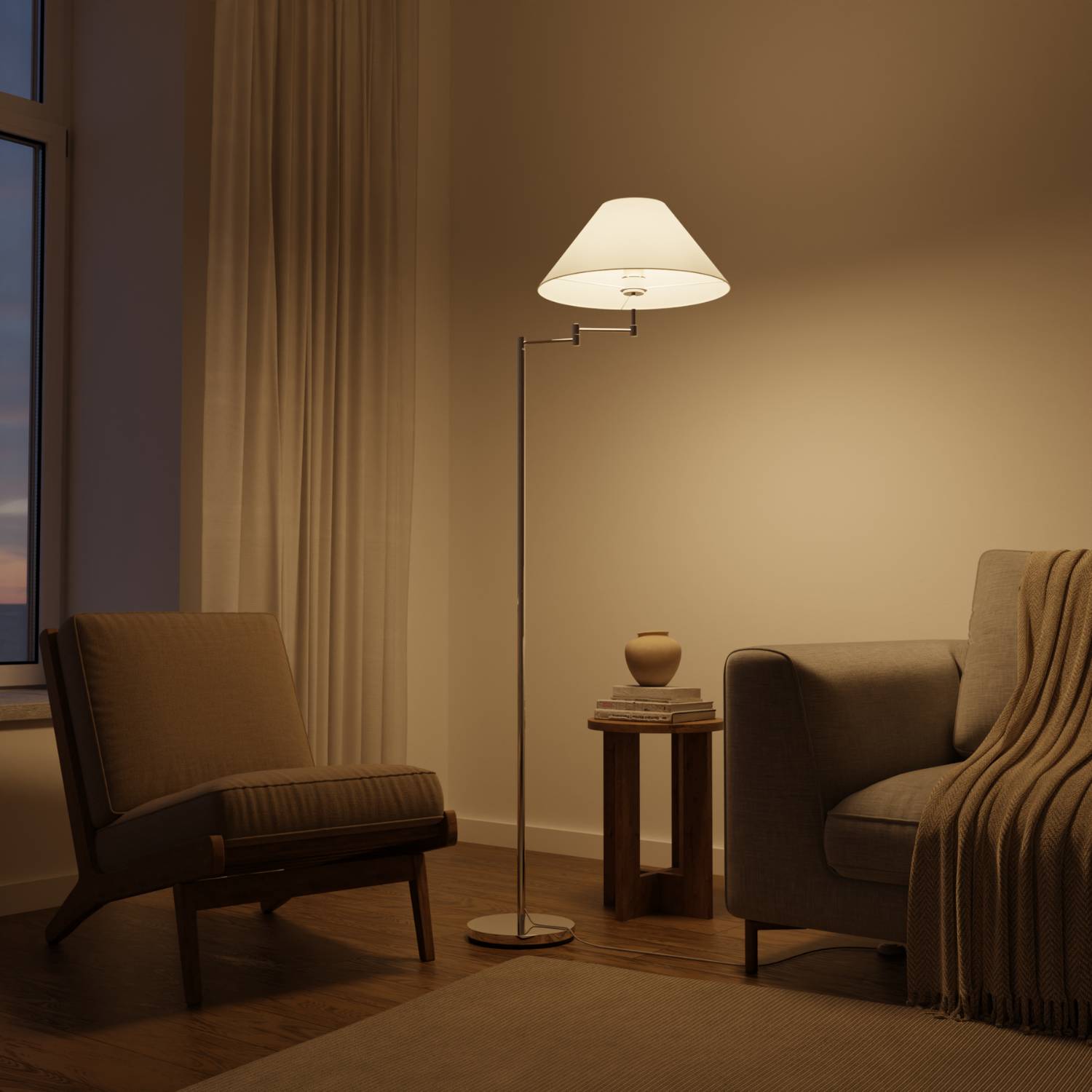 Lampadaire chromé élégant avec bras réglable et fonction lecture | Restfield