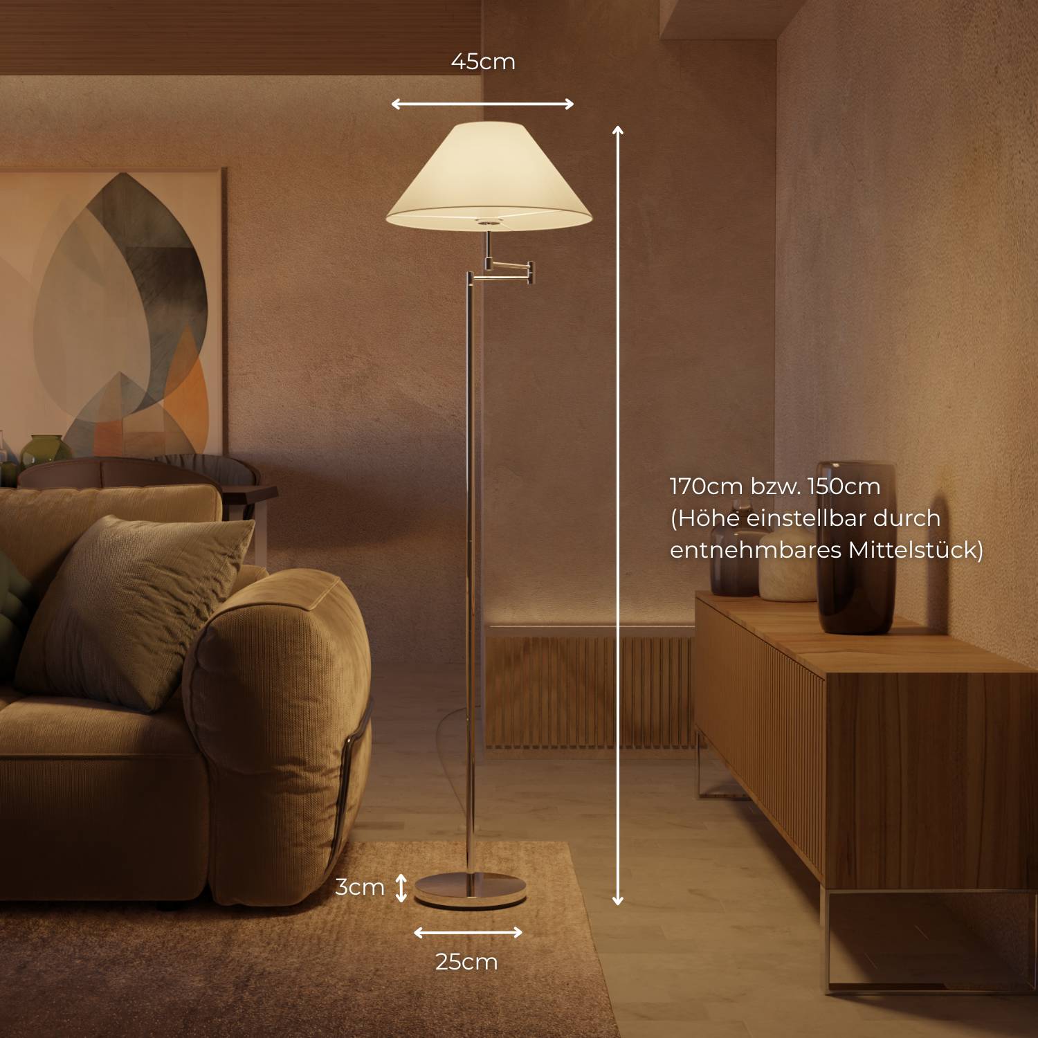 Lampadaire chromé élégant avec bras réglable et fonction lecture | Restfield