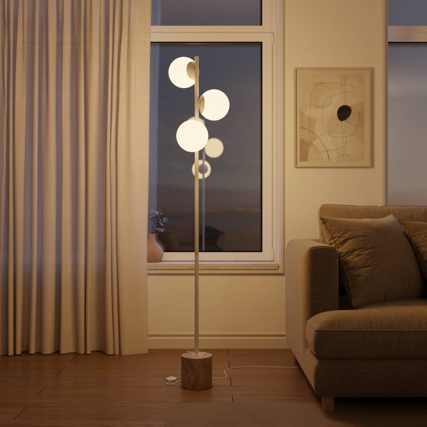 Lampadaire design de luxe avec pied en travertin et lumière chaude diffuse – Avera