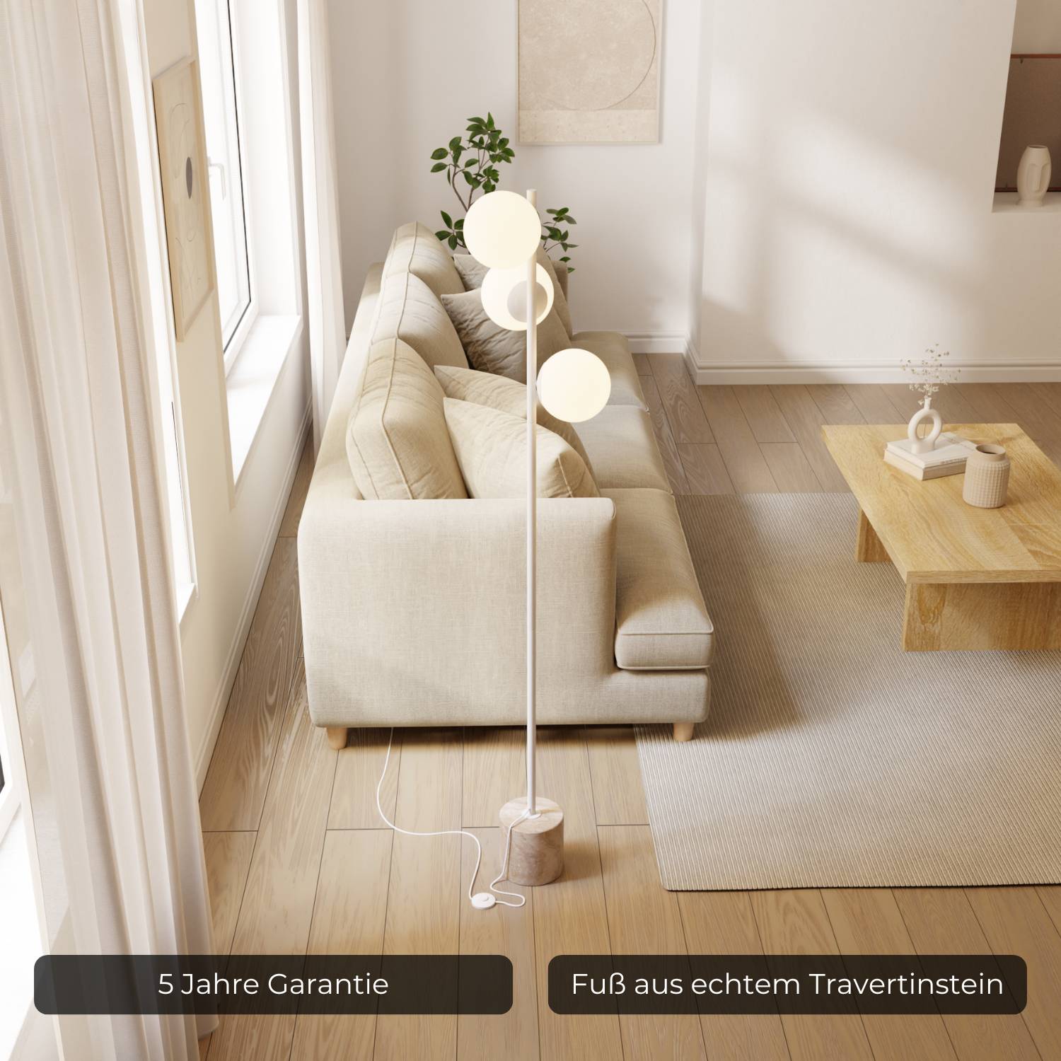 Lampadaire design de luxe avec pied en travertin et lumière chaude diffuse – Avera