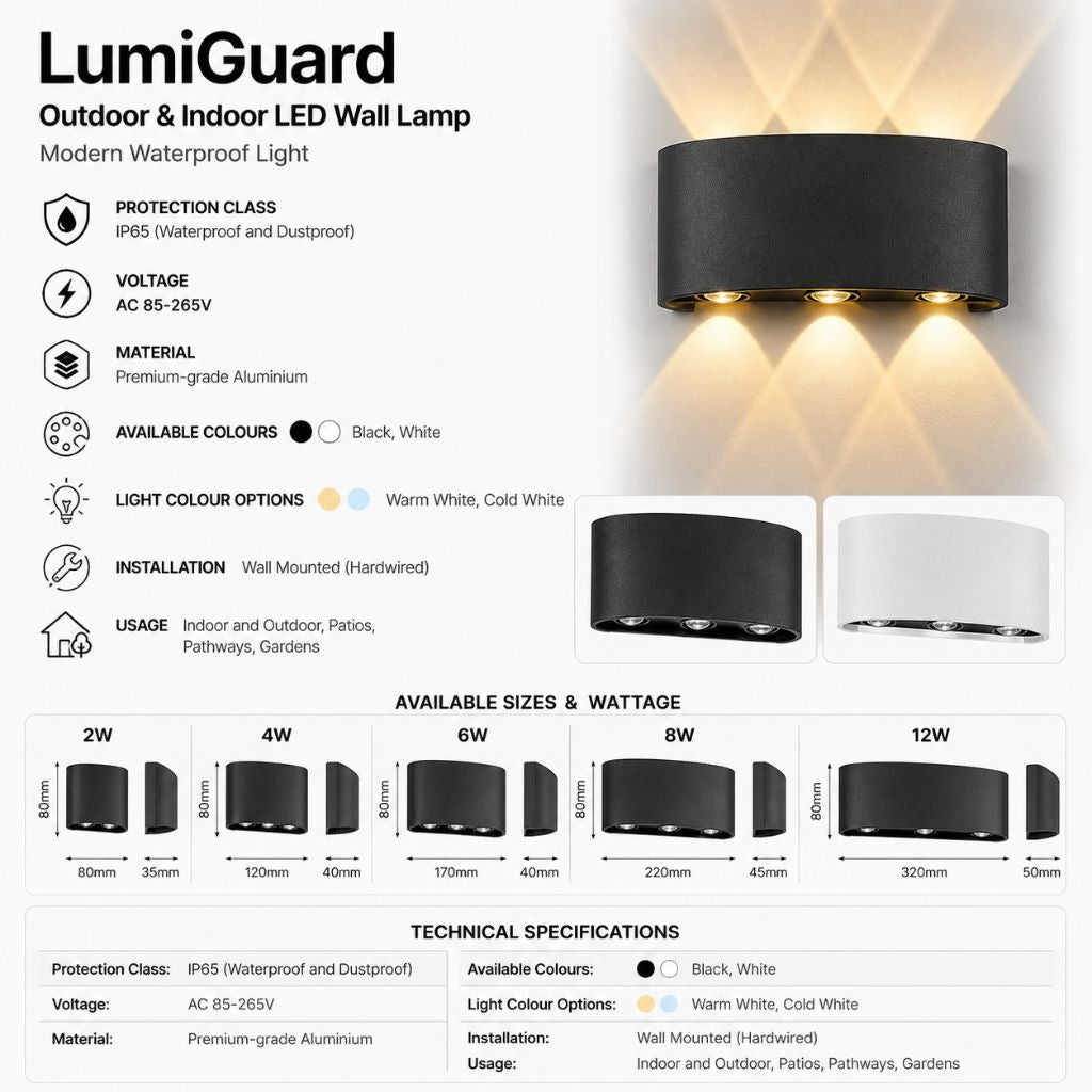 Wasserdichte LED-Wandleuchte aus Aluminium für Innen- und Außenbereiche, moderne Beleuchtung, IP65, Stimmungslicht, Garten, Terrasse, Fassade | Sansoti
