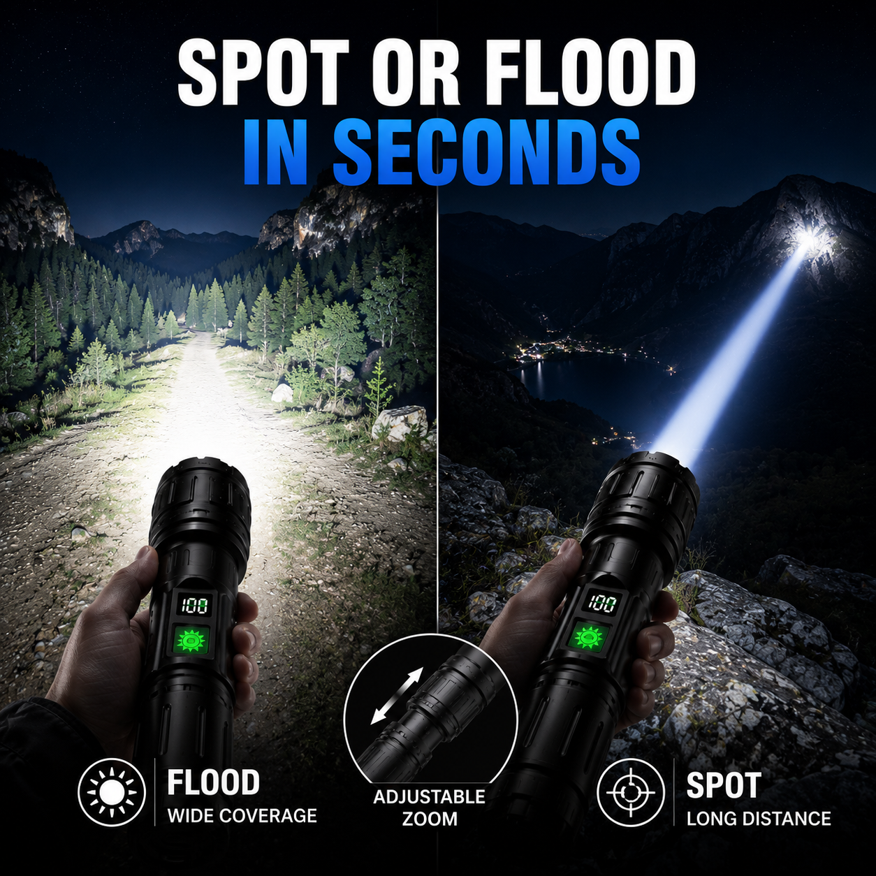 Tactische Zaklamp met Oplaadbare 5000mAh Batterij - Krachtige LED 100000 Lumen - Waterdicht & Schokbestendig - Met LCD Batterij-indicator & Powerbank Functie | Sansoti