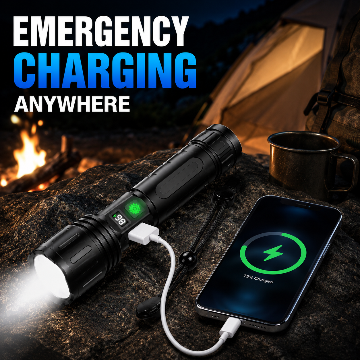 Tactische Zaklamp met Oplaadbare 5000mAh Batterij - Krachtige LED 100000 Lumen - Waterdicht & Schokbestendig - Met LCD Batterij-indicator & Powerbank Functie | Sansoti