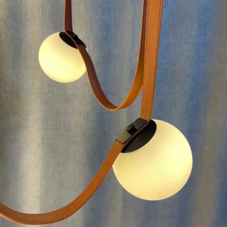 Hanglamp Leren Kabel Glazen Bol E27 Cognac Bruin Woonkamer Eetkamer Hal Postmodern Design 1 3 5 7 Bollen | Sansoti