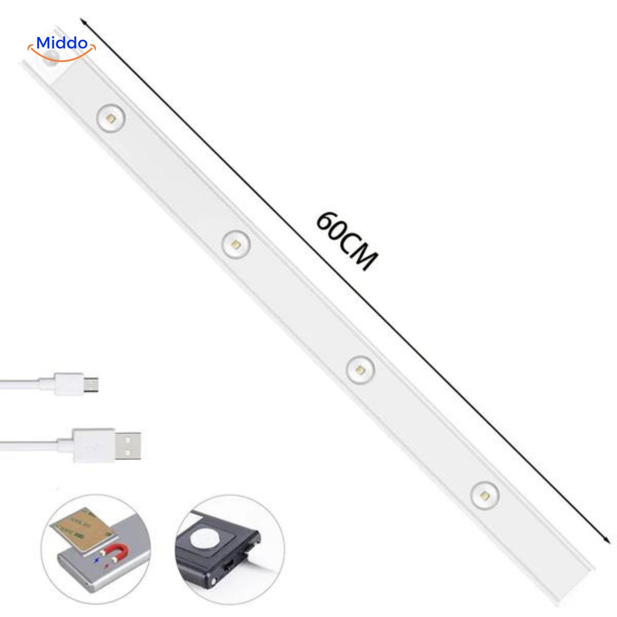 Bande LED rechargeable avec détecteur de mouvement 30/40/60cm, USB, à intensité réglable, éclairage nocturne pour couloir, armoire, cuisine et escalier | Sansoti