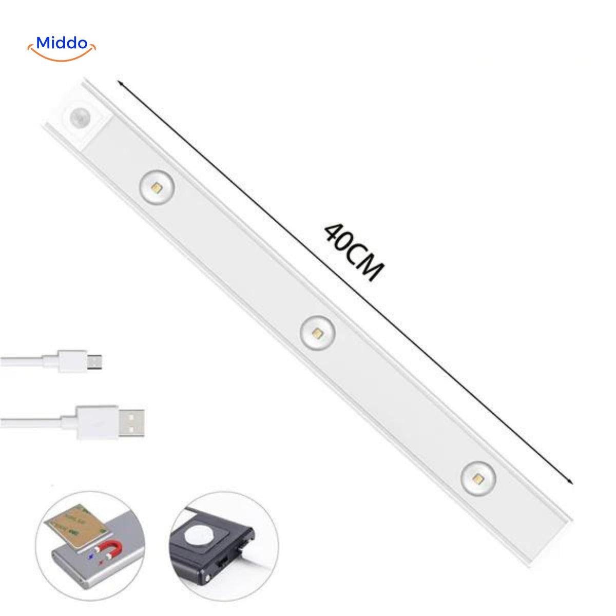 Bande LED rechargeable avec détecteur de mouvement 30/40/60cm, USB, à intensité réglable, éclairage nocturne pour couloir, armoire, cuisine et escalier | Sansoti