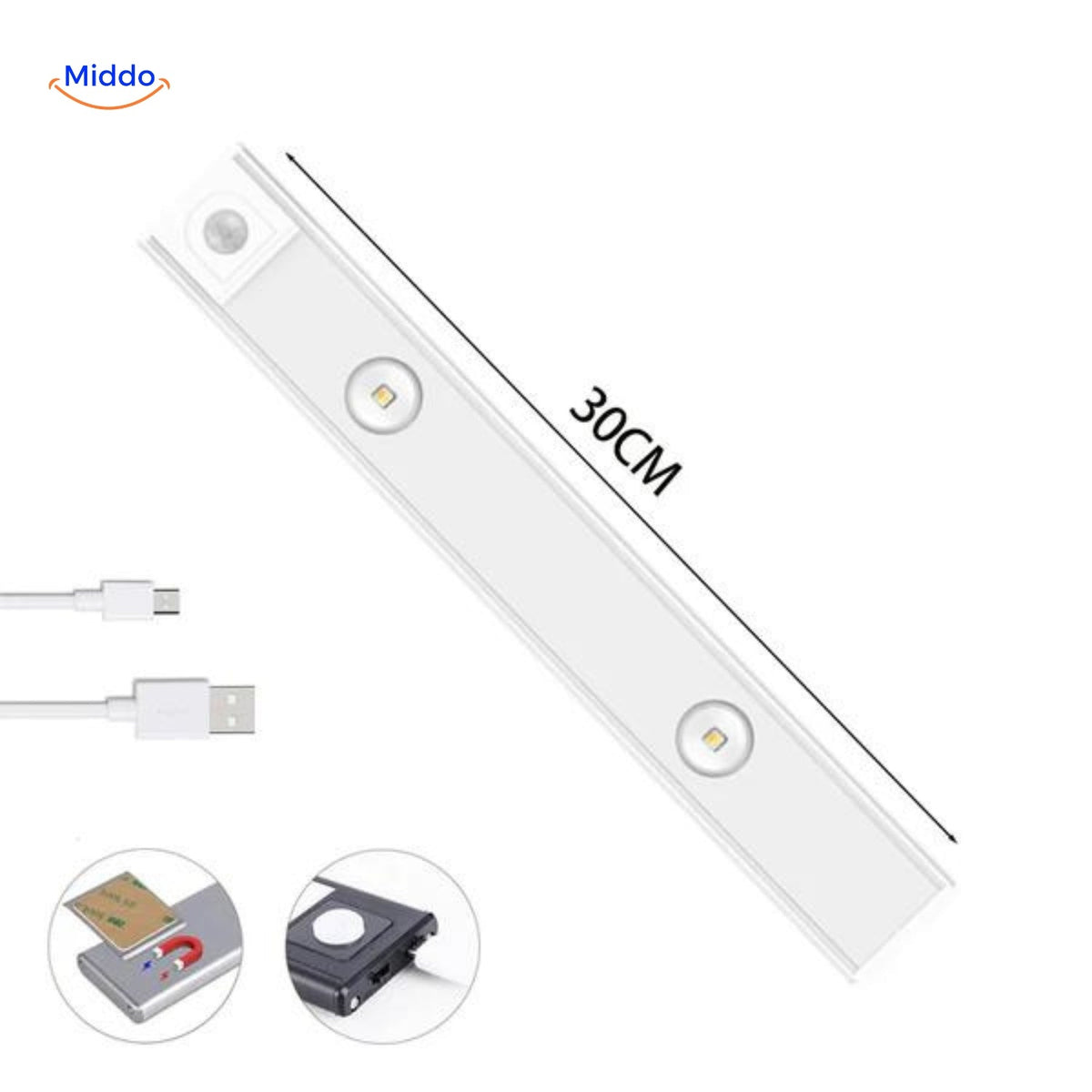 Bande LED rechargeable avec détecteur de mouvement 30/40/60cm, USB, à intensité réglable, éclairage nocturne pour couloir, armoire, cuisine et escalier | Sansoti