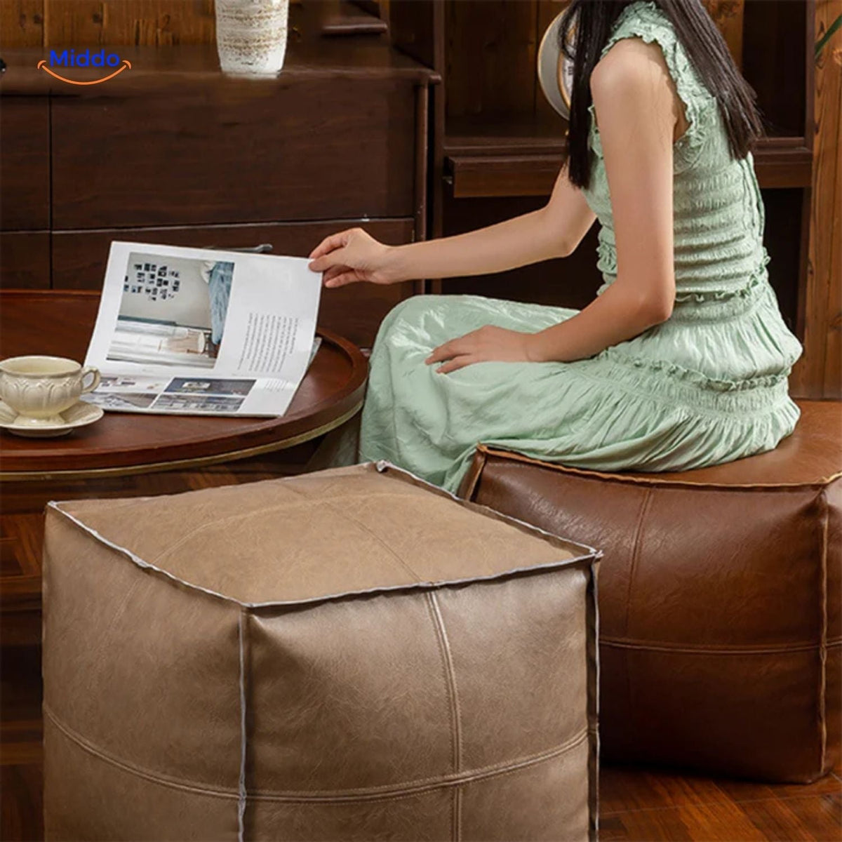 Befüllbarer Leder-Sitzsack Tatami-Kissen 45x45x40cm Polyurethan Multifunktional Meditation Yoga Leseecke Lounge | Sansoti