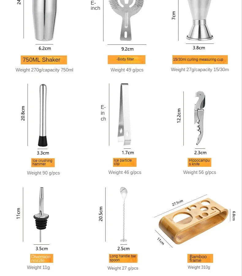 Ensemble à cocktails en acier inoxydable 10 pièces avec shaker, doseur, cuillère et support, argenté, or rose, noir, ustensiles de bar professionnels | Sansoti