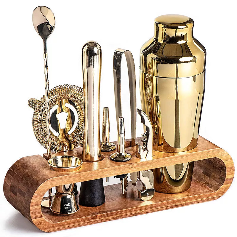 Ensemble à cocktails en acier inoxydable 10 pièces avec shaker, doseur, cuillère et support, argenté, or rose, noir, ustensiles de bar professionnels | Sansoti