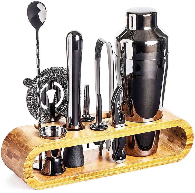 Ensemble à cocktails en acier inoxydable 10 pièces avec shaker, doseur, cuillère et support, argenté, or rose, noir, ustensiles de bar professionnels | Sansoti