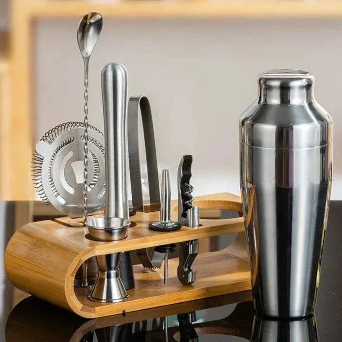 Ensemble à cocktails en acier inoxydable 10 pièces avec shaker, doseur, cuillère et support, argenté, or rose, noir, ustensiles de bar professionnels | Sansoti