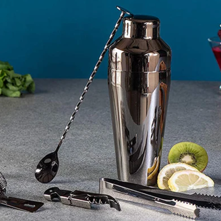 Ensemble à cocktails en acier inoxydable 10 pièces avec shaker, doseur, cuillère et support, argenté, or rose, noir, ustensiles de bar professionnels | Sansoti