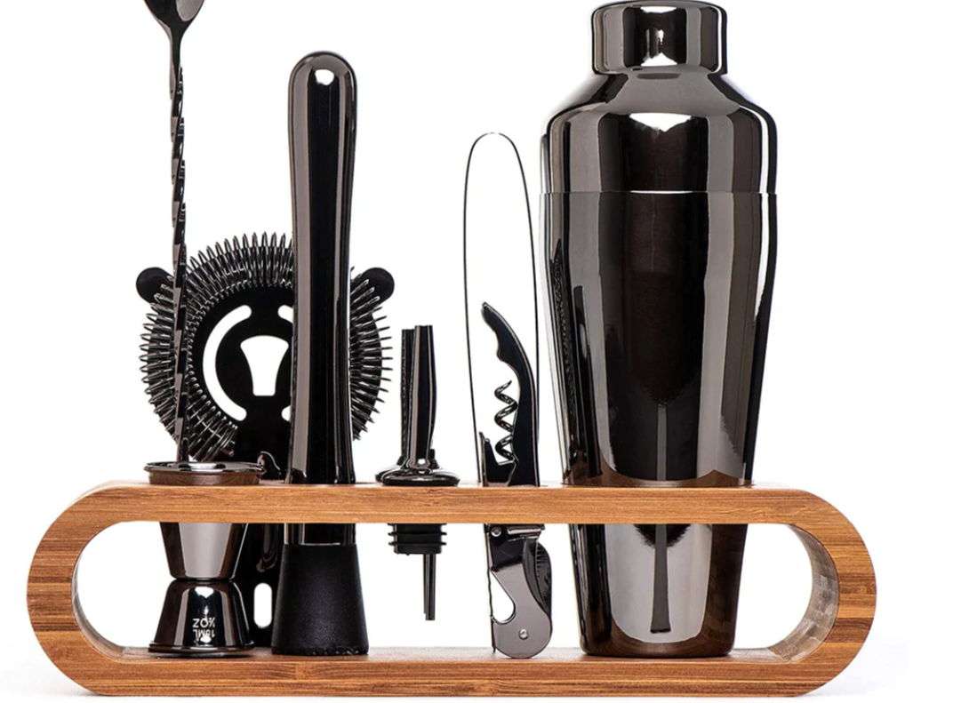 Ensemble à cocktails en acier inoxydable 10 pièces avec shaker, doseur, cuillère et support, argenté, or rose, noir, ustensiles de bar professionnels | Sansoti