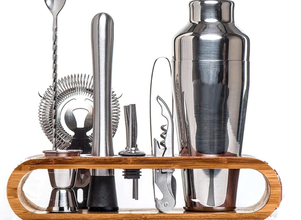 Ensemble à cocktails en acier inoxydable 10 pièces avec shaker, doseur, cuillère et support, argenté, or rose, noir, ustensiles de bar professionnels | Sansoti