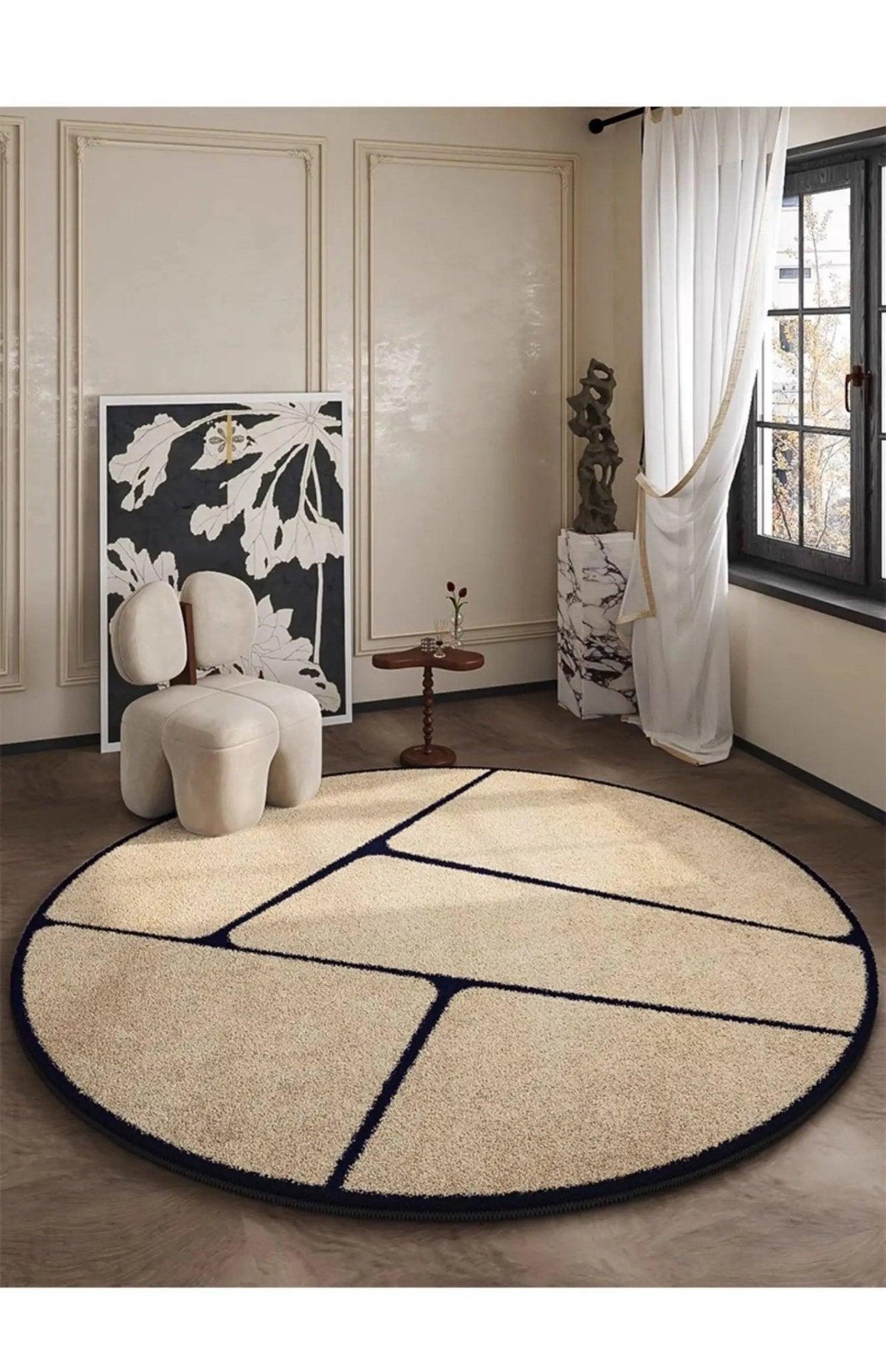 Runder Teppich schwarzes Muster 80-120cm Plüsch Rutschfest Wohnzimmer Schlafzimmer Flur Dekorativer Teppich Weich | Sansoti