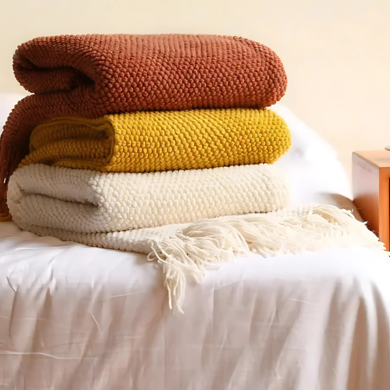 Acrylic Throw with Tassels 127x172 & 130x220 Knitted Blanket Merino Wool Look Living Room Bedroom Interior | Sansoti