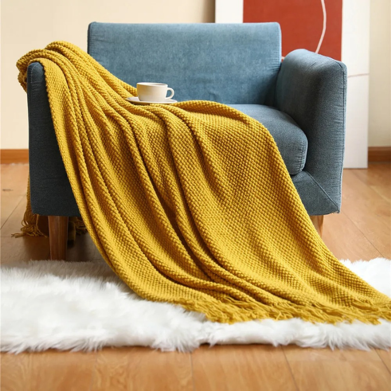 Acrylic Throw with Tassels 127x172 & 130x220 Knitted Blanket Merino Wool Look Living Room Bedroom Interior | Sansoti