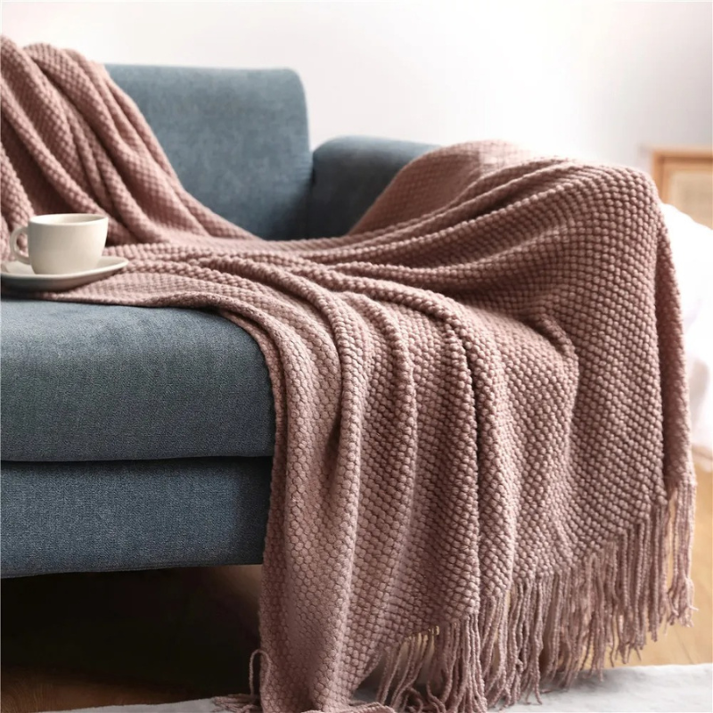 Acrylic Throw with Tassels 127x172 & 130x220 Knitted Blanket Merino Wool Look Living Room Bedroom Interior | Sansoti