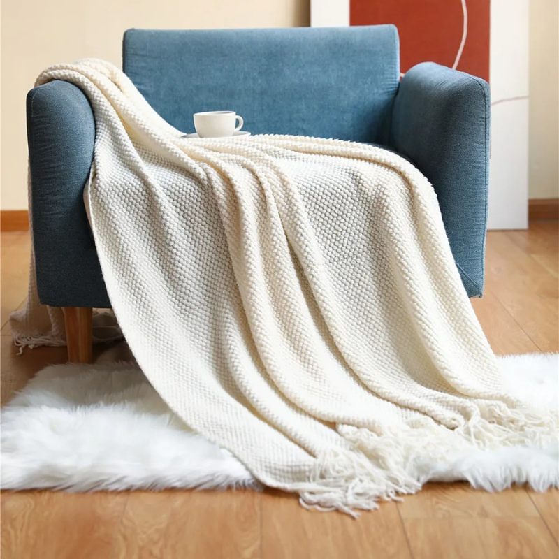 Acrylic Throw with Tassels 127x172 & 130x220 Knitted Blanket Merino Wool Look Living Room Bedroom Interior | Sansoti