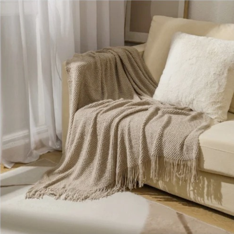 Acrylic Throw with Tassels 127x172 & 130x220 Knitted Blanket Merino Wool Look Living Room Bedroom Interior | Sansoti