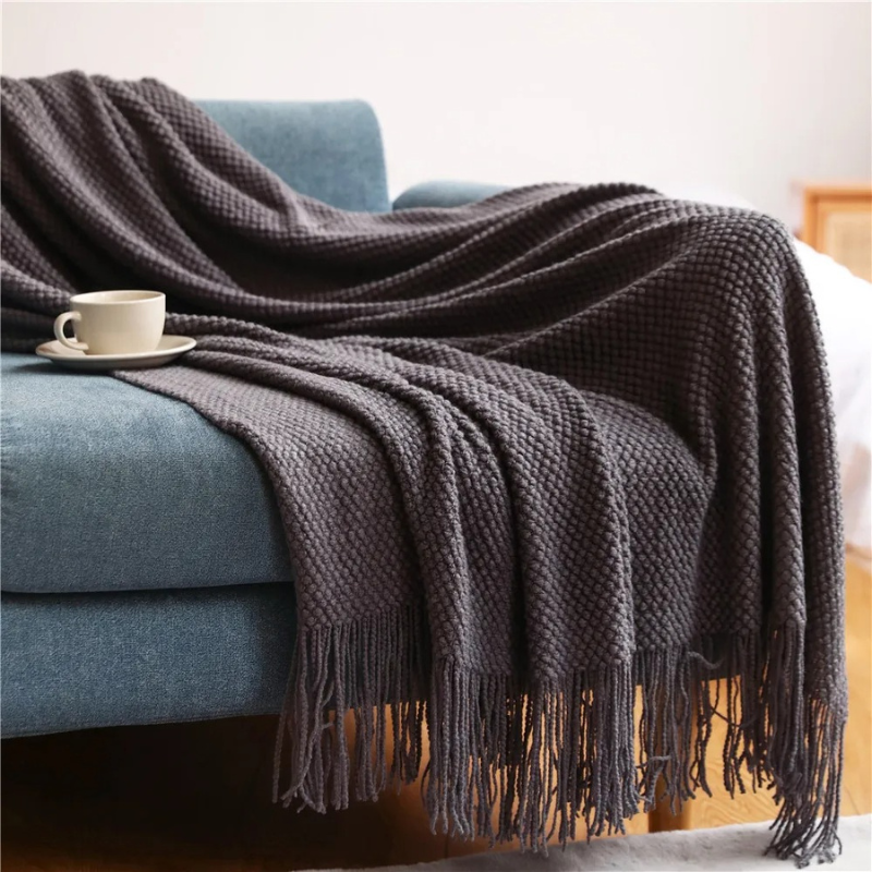 Acrylic Throw with Tassels 127x172 & 130x220 Knitted Blanket Merino Wool Look Living Room Bedroom Interior | Sansoti