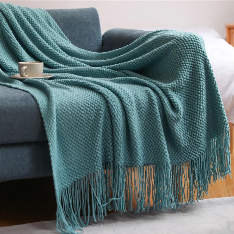 Acrylic Throw with Tassels 127x172 & 130x220 Knitted Blanket Merino Wool Look Living Room Bedroom Interior | Sansoti