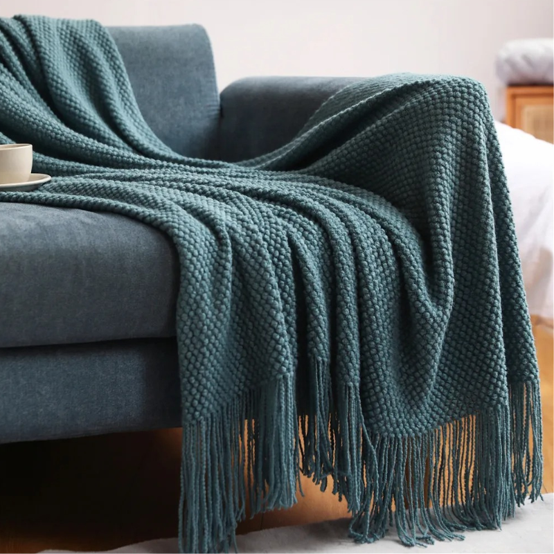 Acrylic Throw with Tassels 127x172 & 130x220 Knitted Blanket Merino Wool Look Living Room Bedroom Interior | Sansoti