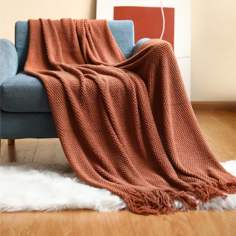 Acrylic Throw with Tassels 127x172 & 130x220 Knitted Blanket Merino Wool Look Living Room Bedroom Interior | Sansoti