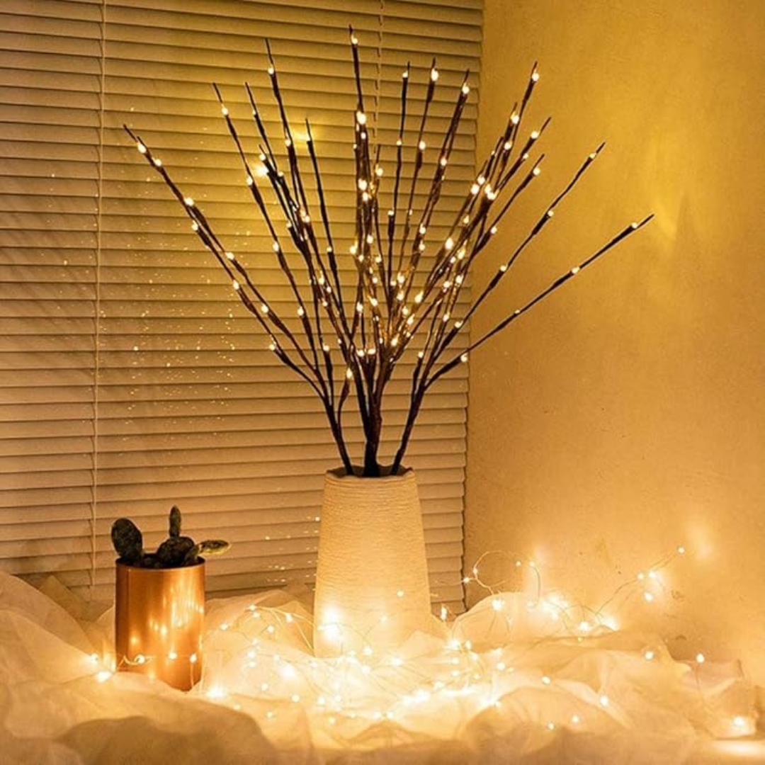 Decoratieve Takverlichting met Bloesem LED Warm Wit op Batterij Sfeerlampen Houten Set 2 Stuks Woonkamer | Sansoti