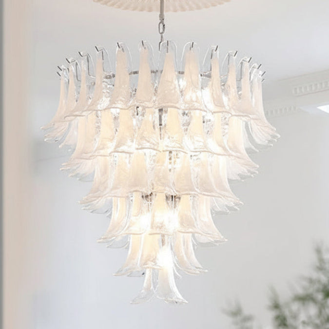 Glas-Kronleuchter im Blütenblätter-Design, dimmbare LED-Beleuchtung, Flur, Wohnzimmer, Esszimmer, Gold, Chrom, Pendelleuchte | Sansoti