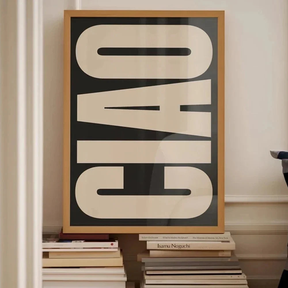 Canvas-Wandposter mit Ciao-Zitat in Schwarz, Weiß, Beige und Rosa, skandinavisches, minimalistisches Design, Wanddekoration fürs Wohnzimmer | Sansoti
