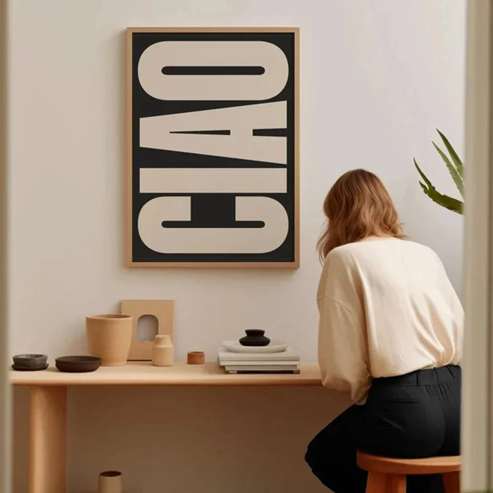Canvas-Wandposter mit Ciao-Zitat in Schwarz, Weiß, Beige und Rosa, skandinavisches, minimalistisches Design, Wanddekoration fürs Wohnzimmer | Sansoti