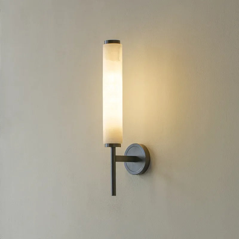 Applique murale cylindrique en marbre albâtre moderne noir et or LED 48cm pour hall, chambre et salon - éclairage d’ambiance | Sansoti