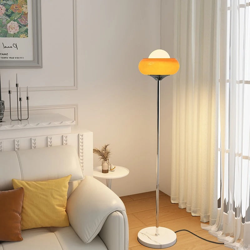 Lampadaire en verre et acier 155 cm orange à intensité variable, LED, design rétro Bauhaus, pour salon et chambre, lampe de lecture | Sansoti