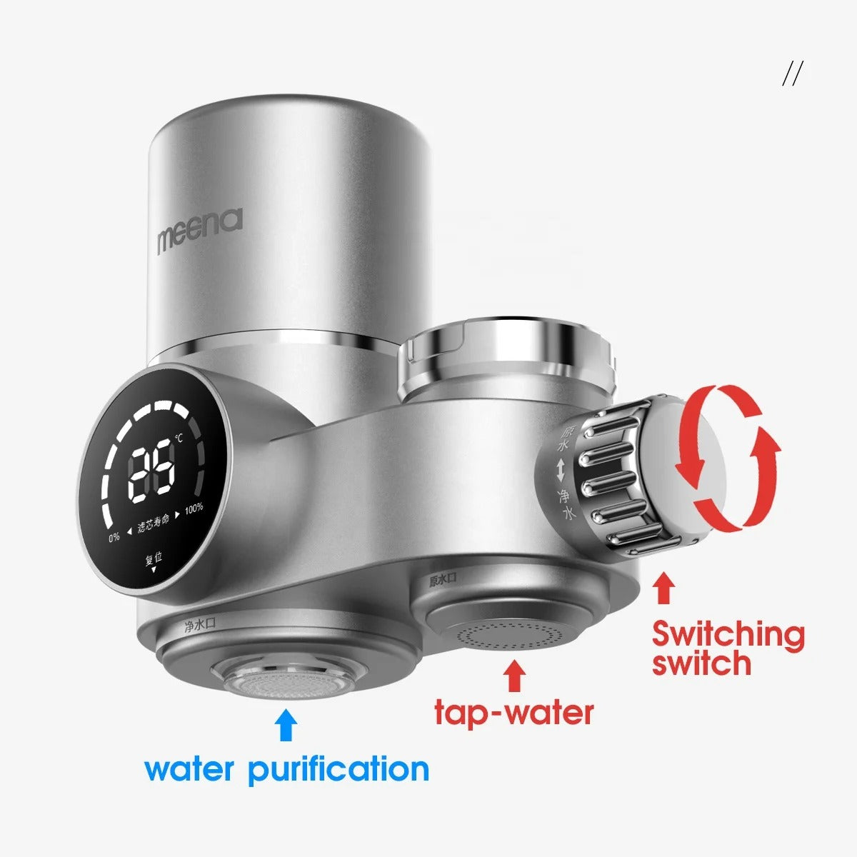 Wasserhahnfilter mit LED-Temperaturanzeige aus ABS und Edelstahl, zwei Modi, Wasseraufbereitung für die Küchenarmatur | Sansoti
