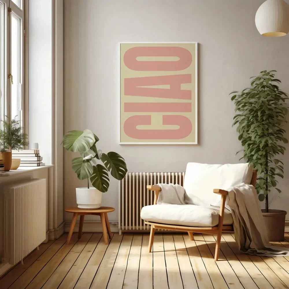 Canvas-Wandposter mit Ciao-Zitat in Schwarz, Weiß, Beige und Rosa, skandinavisches, minimalistisches Design, Wanddekoration fürs Wohnzimmer | Sansoti