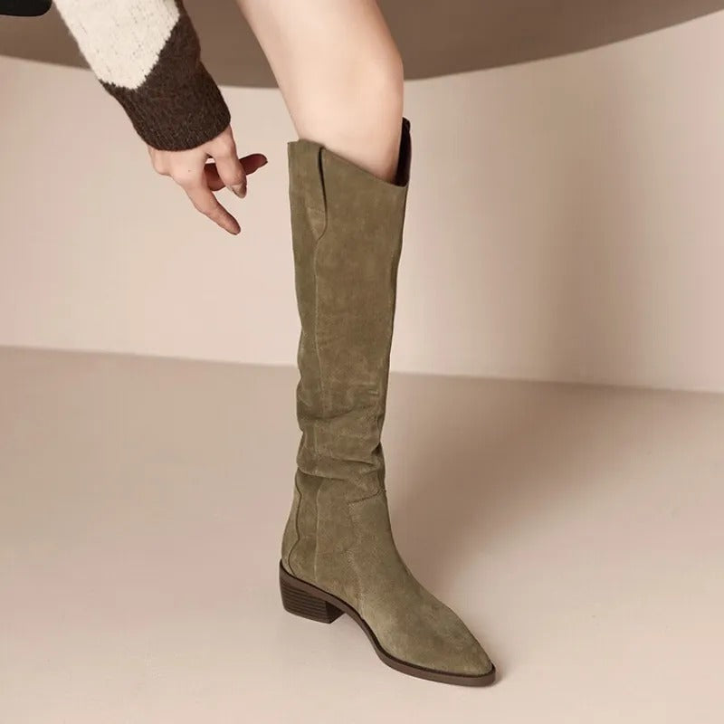 Kniehoge Dames Rijlaarzen Vierkante Hak Spitse Neus Zwart Beige Winterschoeisel Elegante Laars Comfortabel | Sansoti