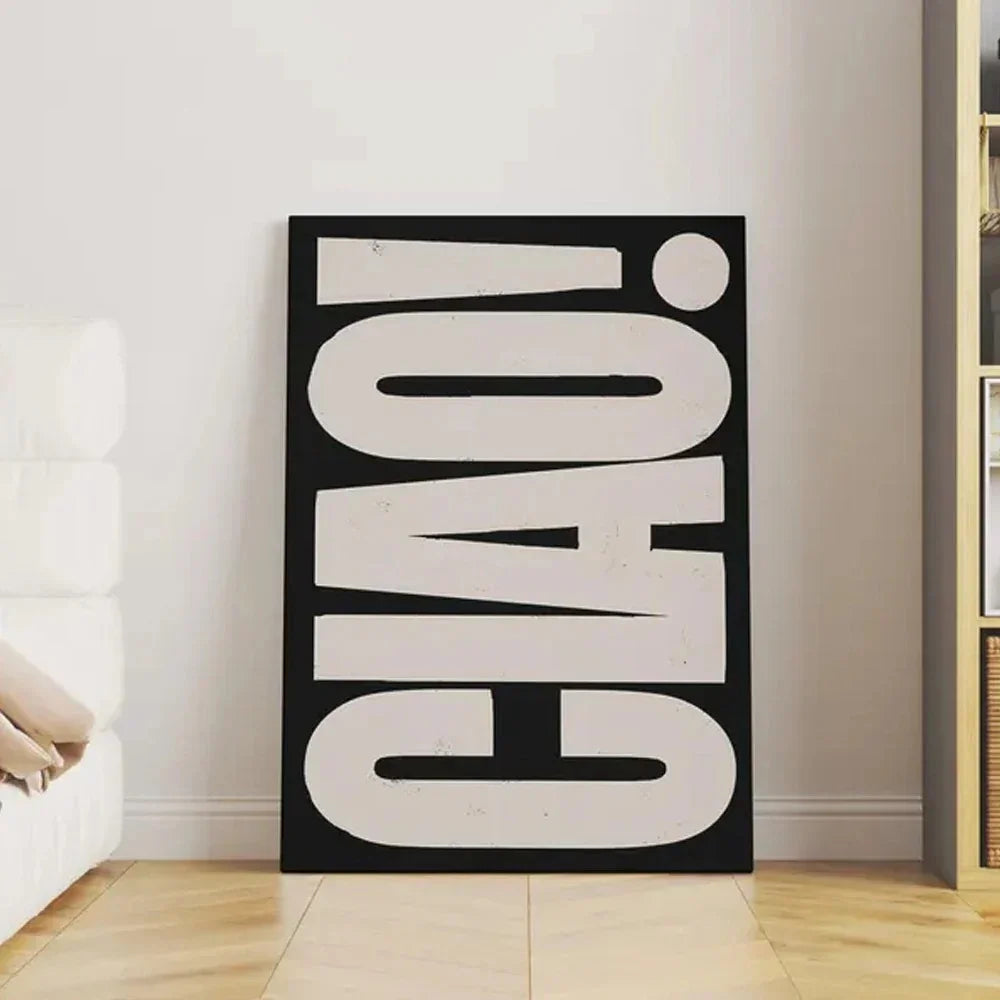 Canvas-Wandposter mit Ciao-Zitat in Schwarz, Weiß, Beige und Rosa, skandinavisches, minimalistisches Design, Wanddekoration fürs Wohnzimmer | Sansoti
