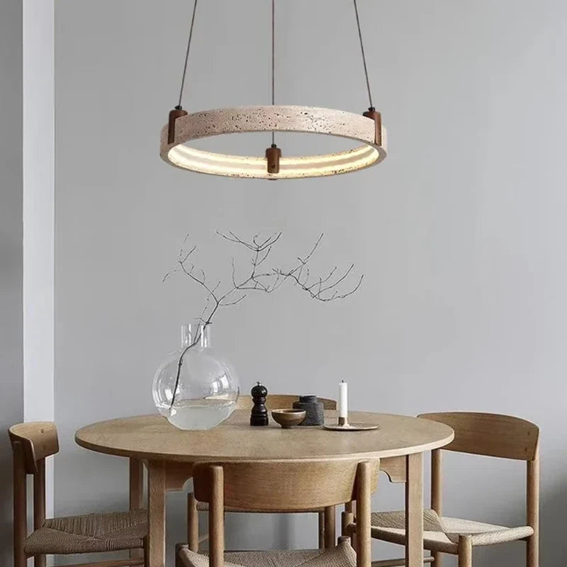 Natuursteen Plafondlamp Travertin Rond LED Dimbaar Woonkamer Eetkamer Hanglamp Luxe Design Interieur | Sansoti