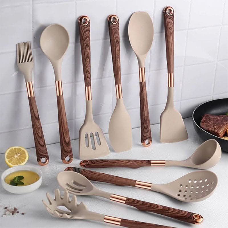 10-teiliges Küchenutensilien-Set aus hitzebeständigem Silikon mit Holzgriffen, antihaftbeschichtetes Kochzubehör, Pfannenwender | Sansoti
